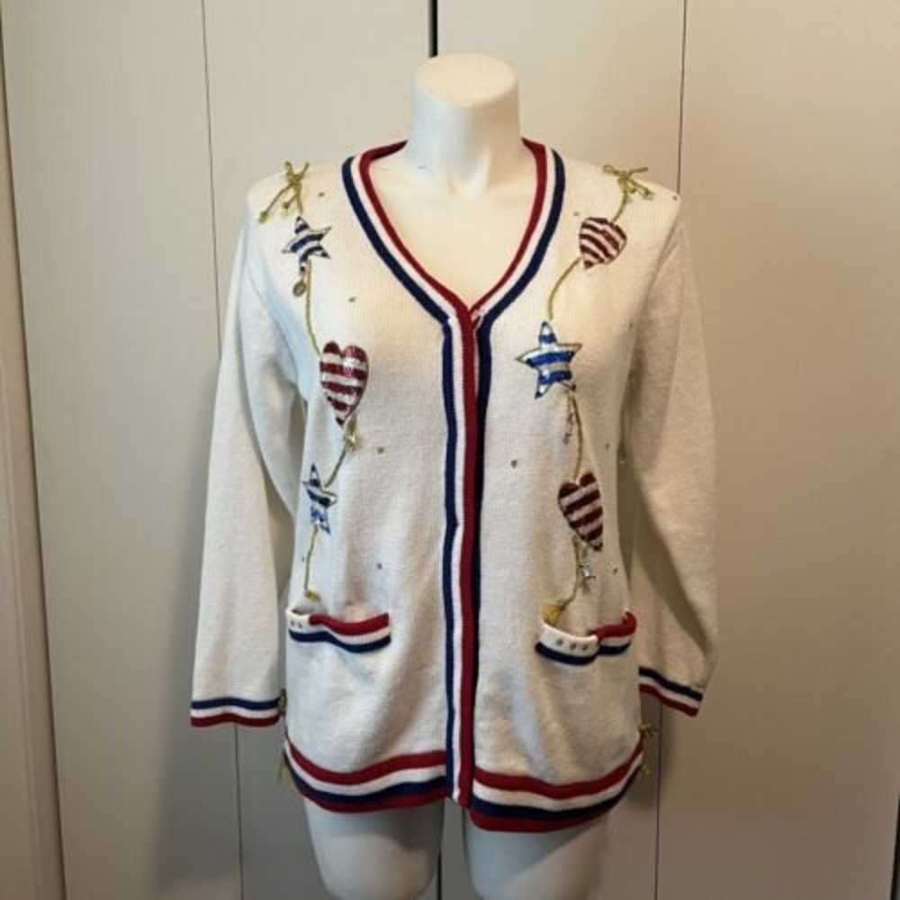 Storybook Knits America the Beautiful Cardigan Sweater Size L Beaded Charms VTG